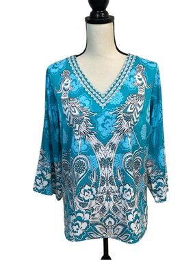 Bob Mackie Turquoise Phoenix Blouse V-Neck Small